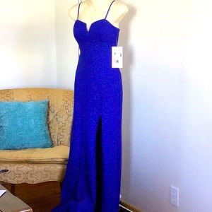 Royal blue long sparkly prom dress.